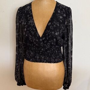 Wilfred S Elegant Black Floral long sleeve semi sheer elastic waist great cond